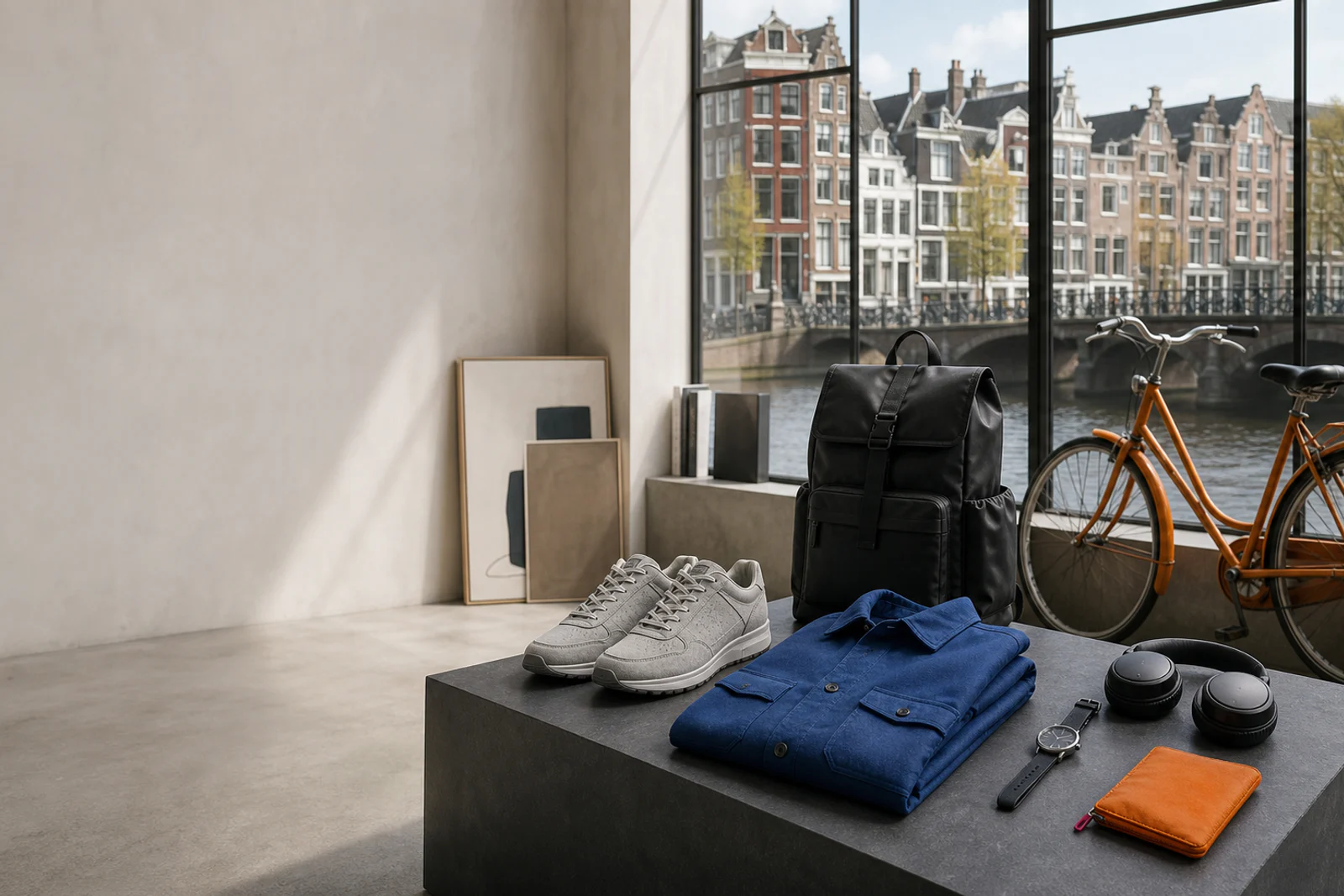 Nederlandse designstudio aan een Amsterdamse gracht met een fiets en geselecteerde lifestyleproducten